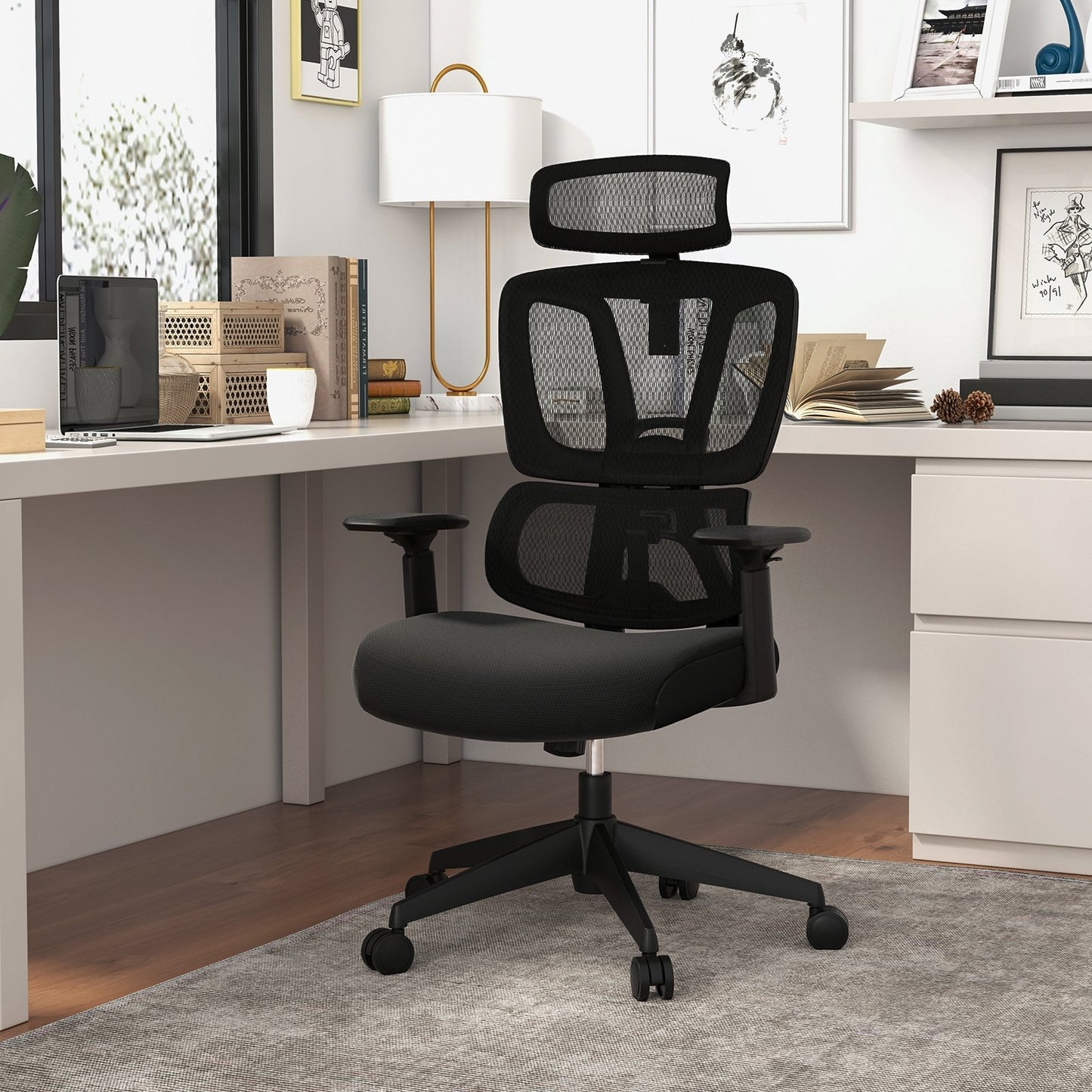 Ergonomic Office Chair with N Type Lumbar Support and Adjustable Headrest, Black