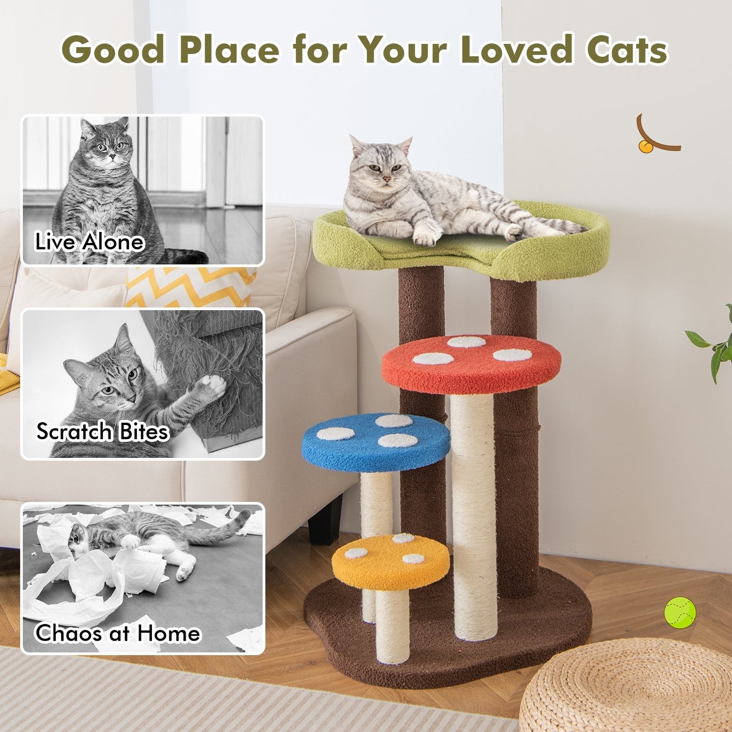 3-In-1 Cat Tree 3 Full-Wrapped Sisal Posts Removable Mat and Platforms, Multicolor