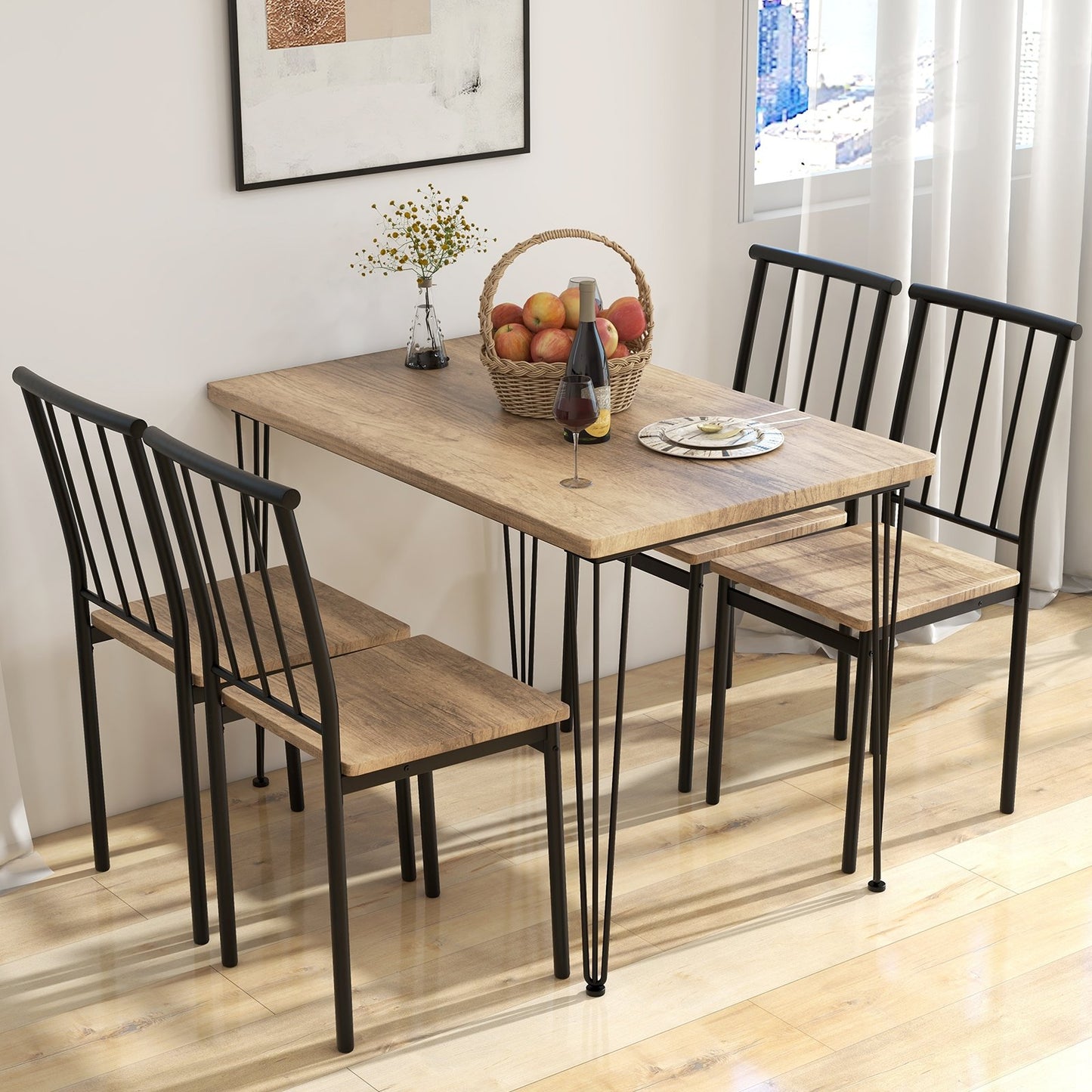 5 Pieces Dining Table Set for 4 with Metal Frame for Home Restaurant, Natural