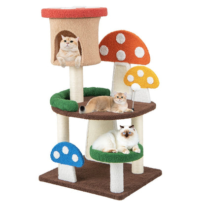 4-In-1 Mushroom Cat Tree with Condo Spring Ball and Sisal Posts, Multicolor