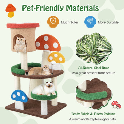 4-In-1 Mushroom Cat Tree with Condo Spring Ball and Sisal Posts, Multicolor