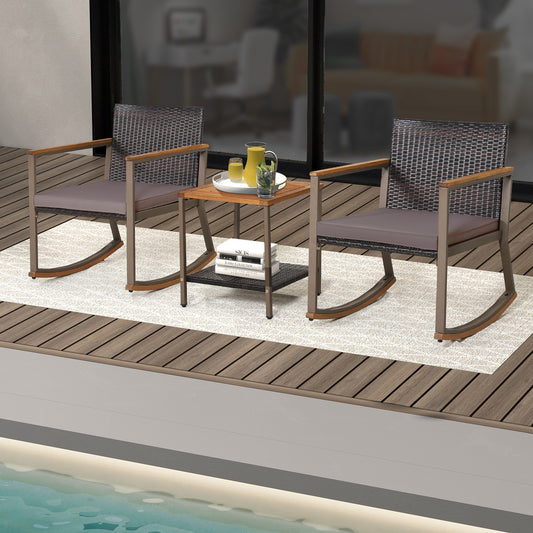 3-Piece Rattan Rocking Bistro Set, Coffee Table, Cushions, Gray Patio Conversation Sets Gray at Gallery Canada