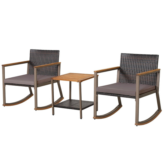 3 Pieces Rattan Rocking Bistro Set with Coffee Table and Cushions, Gray