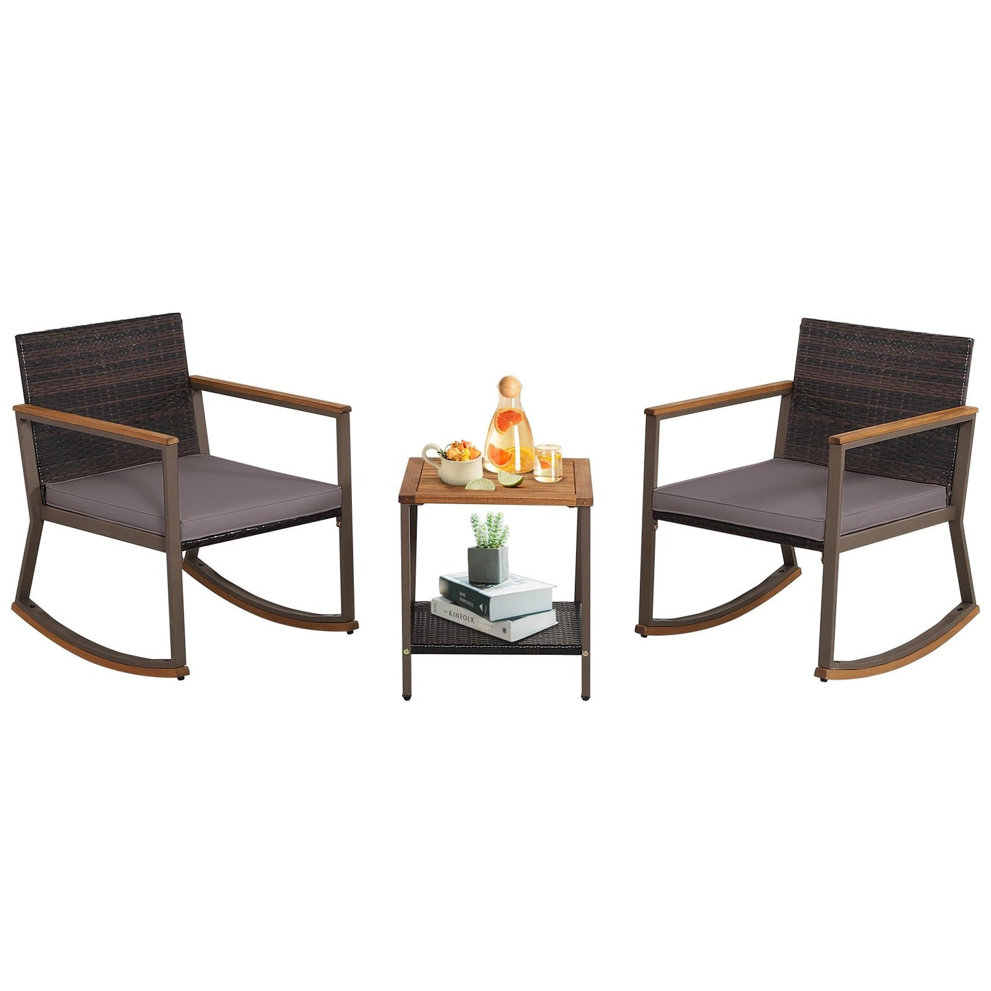 3 Pieces Rattan Rocking Bistro Set with Coffee Table and Cushions, Gray