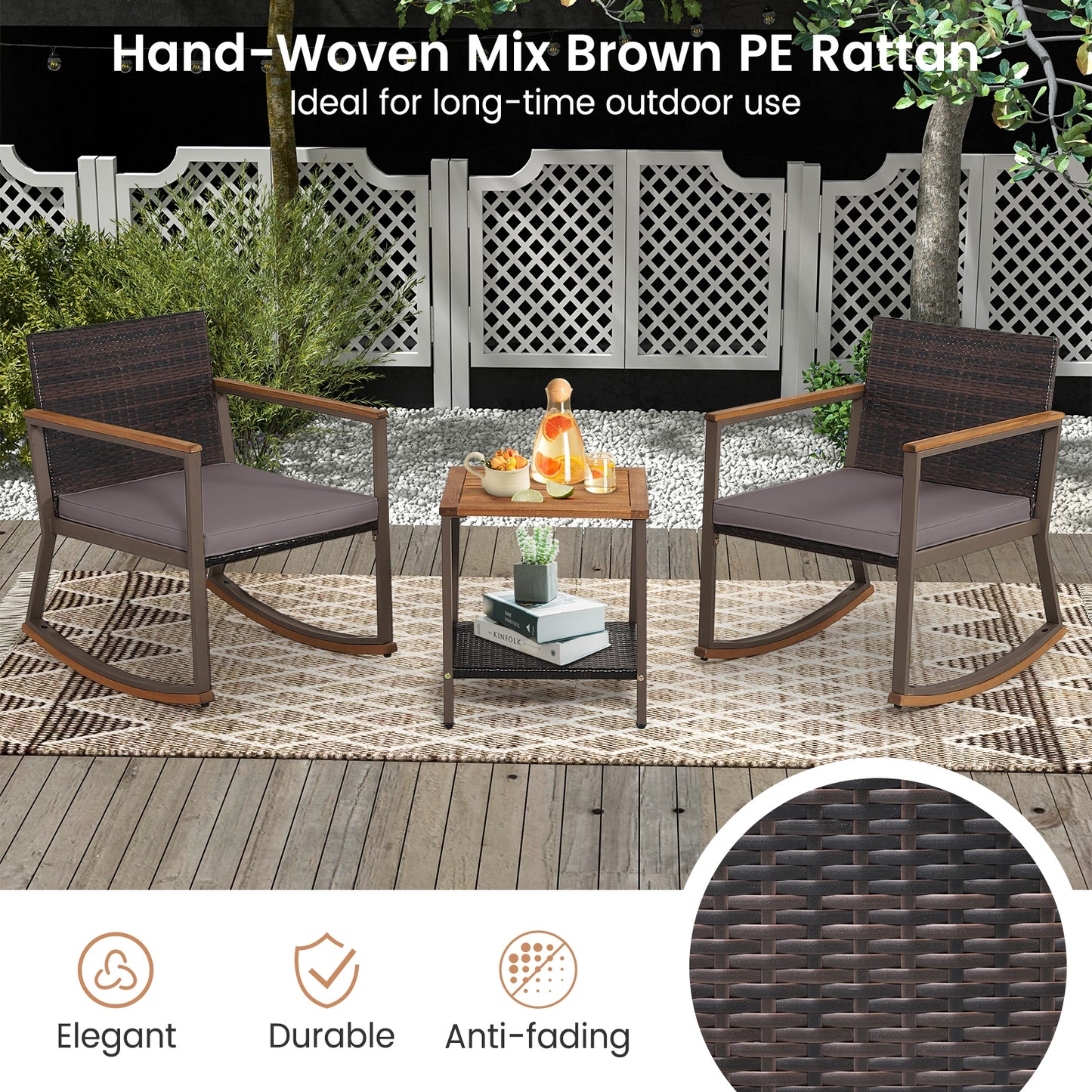 3-Piece Rattan Rocking Bistro Set, Coffee Table, Cushions, Gray Patio Conversation Sets at Gallery Canada