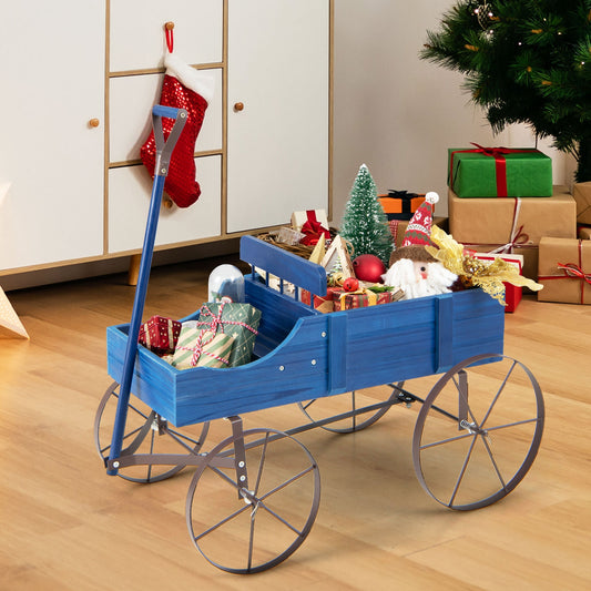 Wooden Wagon Plant Bed With Metal Wheels, Blue Plant Stands Blue at Gallery Canada
