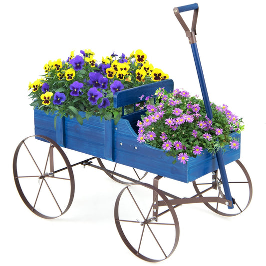 Wooden Wagon Plant Bed with Metal Wheels for Garden Yard Patio, Blue