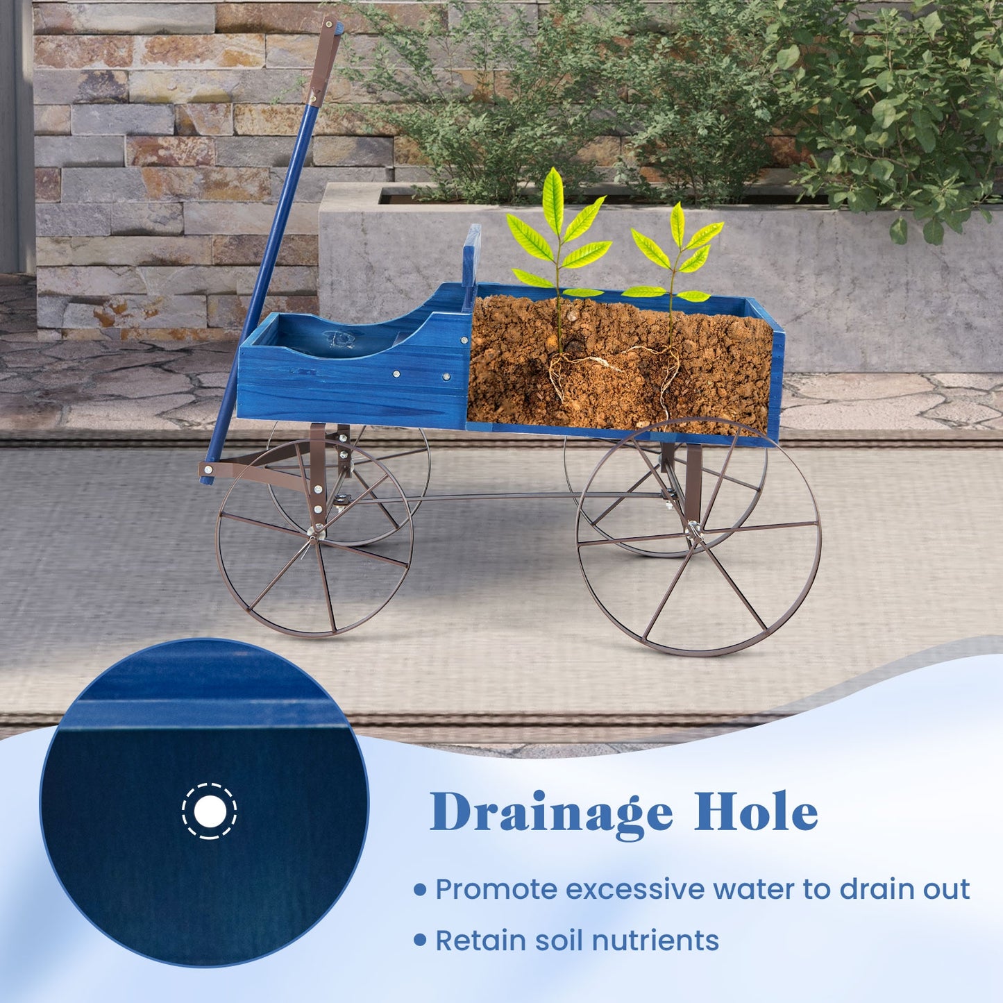 Wooden Wagon Plant Bed With Metal Wheels, Blue Plant Stands at Gallery Canada