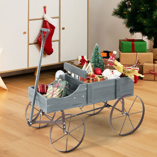 Wooden Wagon Plant Bed With Metal Wheels, Gray Plant Stands Gray at Gallery Canada