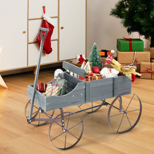 Wooden Wagon Plant Bed With Metal Wheels, Gray Plant Stands Gray at Gallery Canada