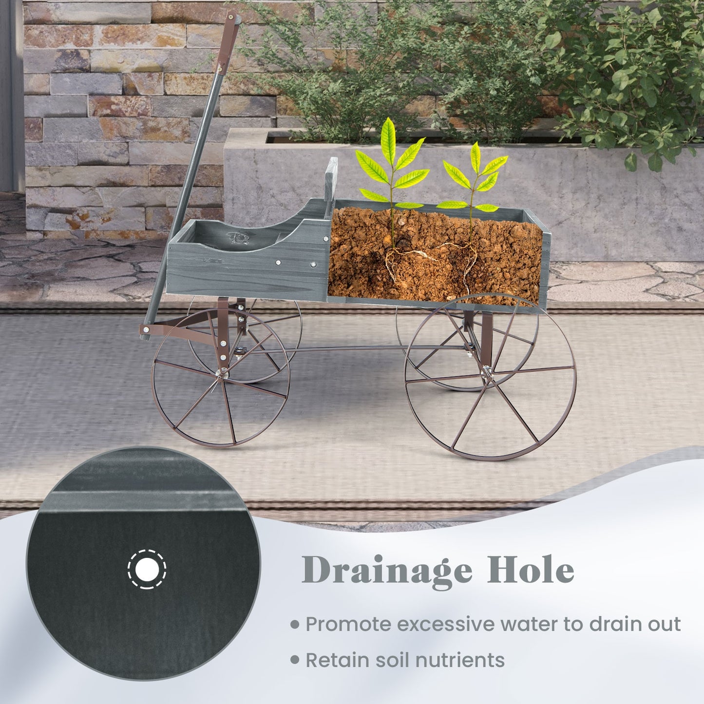 Wooden Wagon Plant Bed With Metal Wheels, Gray Plant Stands at Gallery Canada
