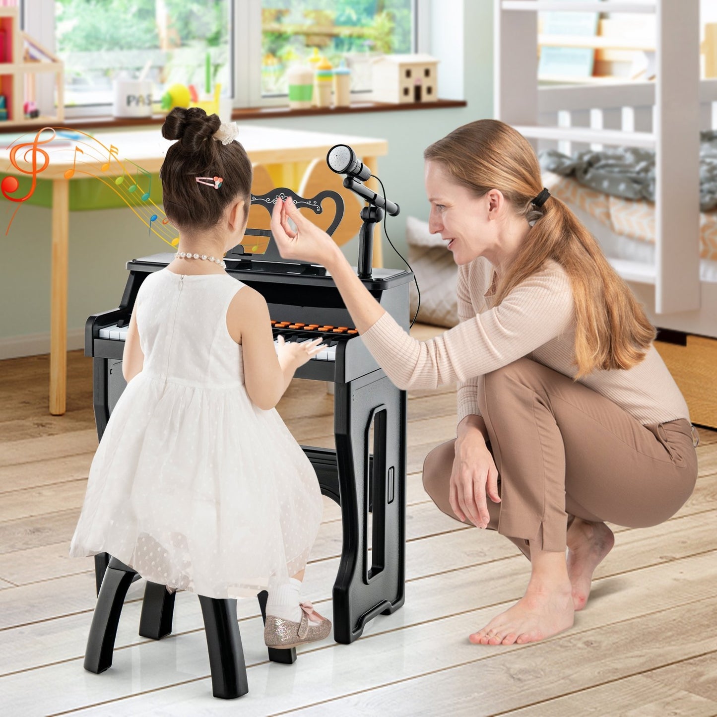 37 Keys Music Piano with Microphone Kids Piano Keyboard with Detachable Music Stand, Black