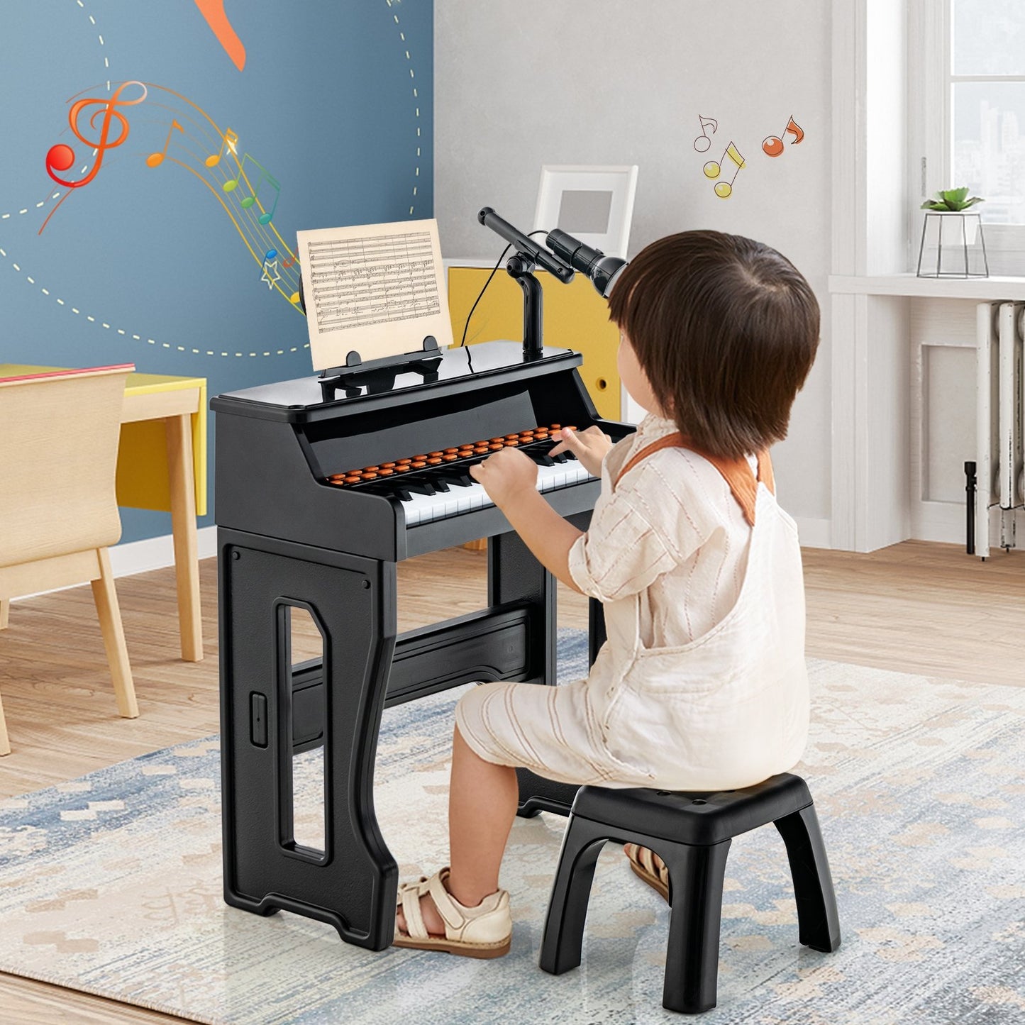 37 Keys Music Piano with Microphone Kids Piano Keyboard with Detachable Music Stand, Black