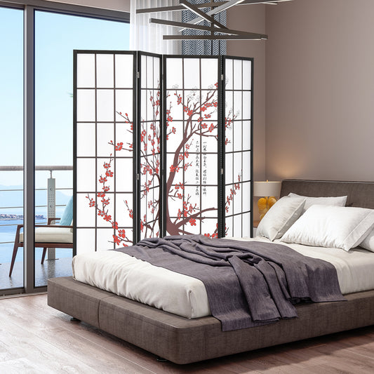 6 Feet Folding Privacy Screen, Plum Blossom Design, White