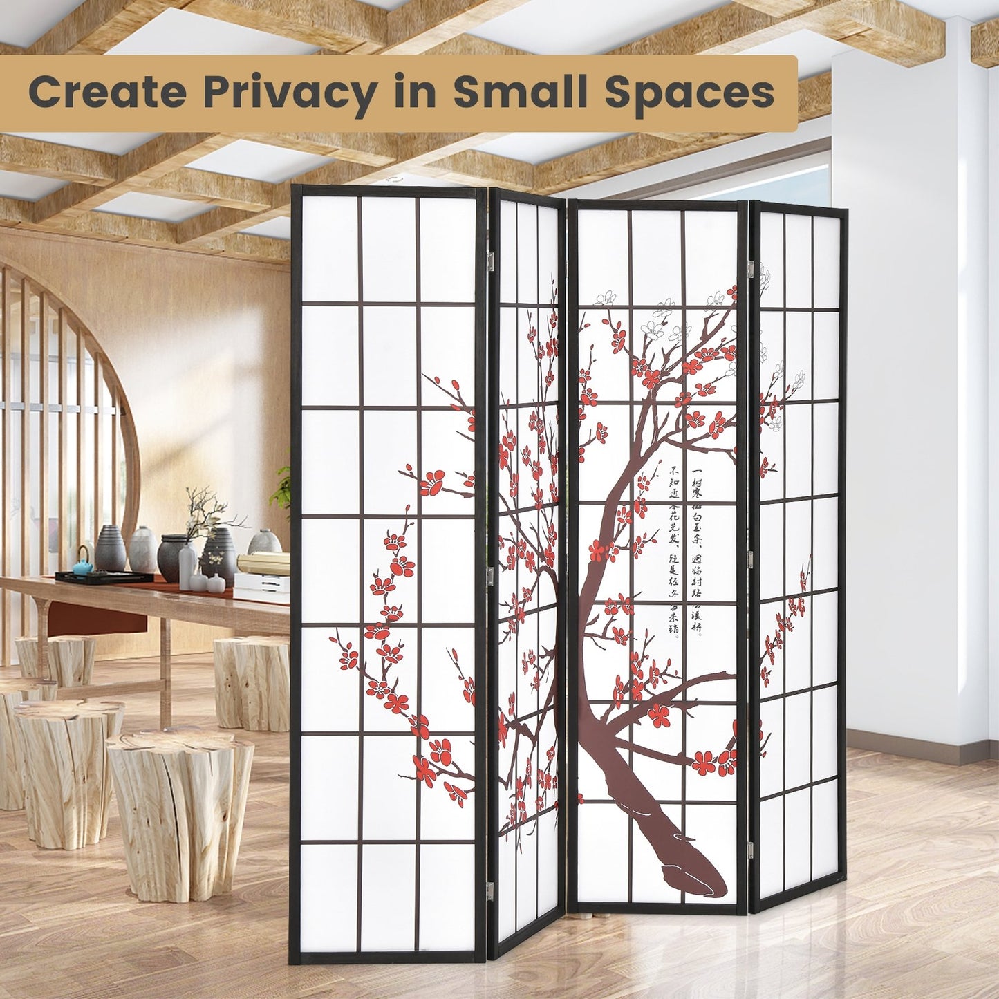 6FT Folding Decorative Oriental Privacy Screen with Plum Blossom Design for Home Office, White
