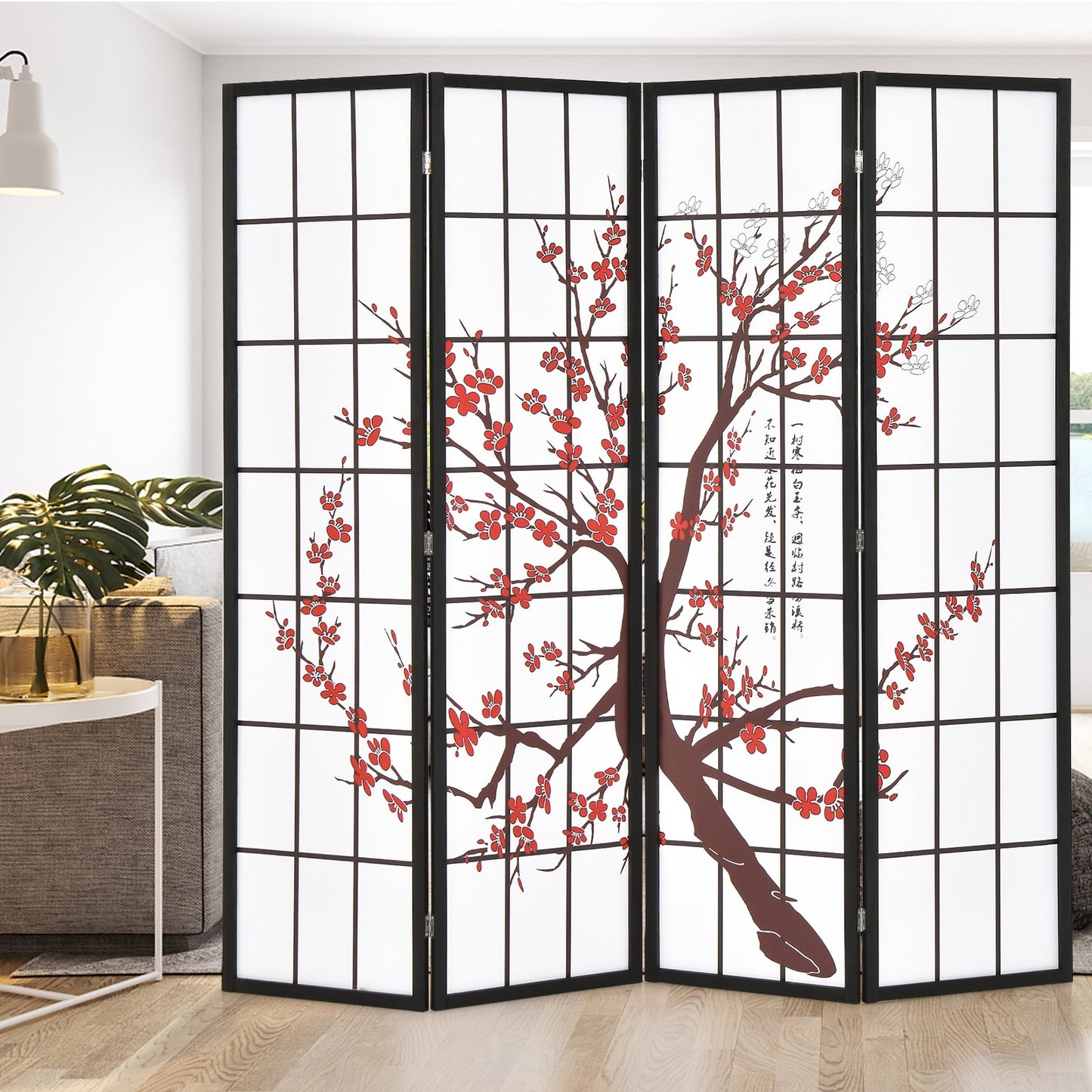 6FT Folding Decorative Oriental Privacy Screen with Plum Blossom Design for Home Office, White