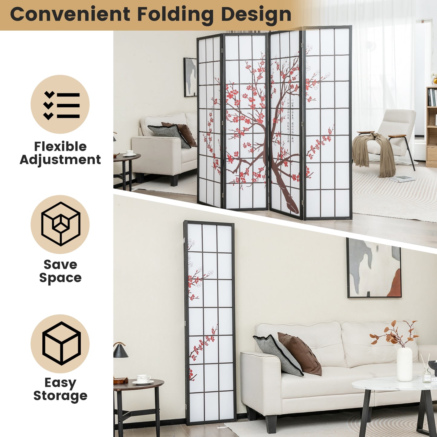 6 Feet Folding Privacy Screen, Plum Blossom Design, White Room Dividers at Gallery Canada