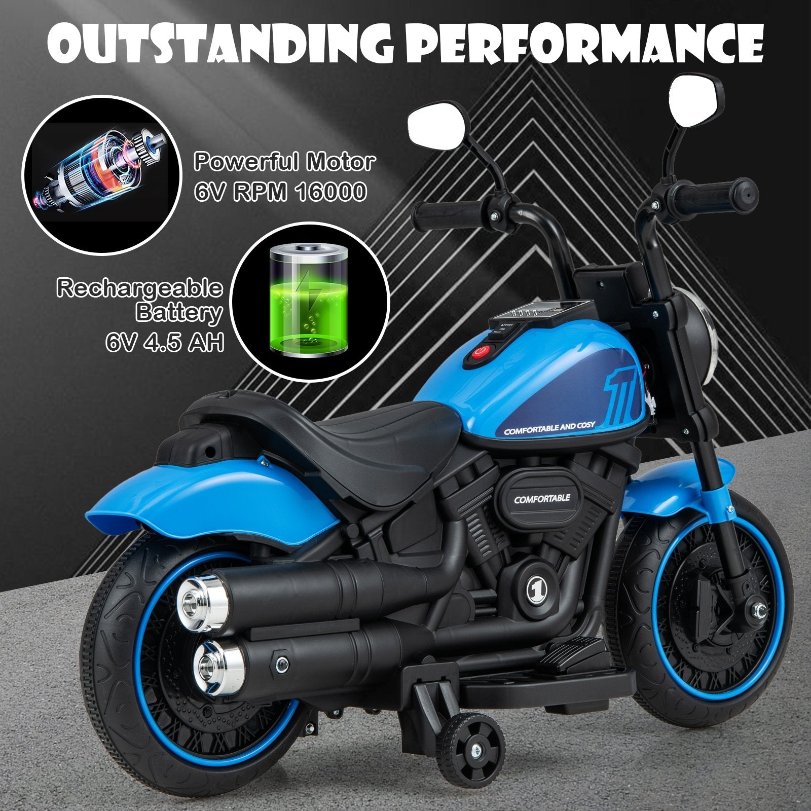 Kids Electric Motorcycle with Training Wheels and LED Headlights, Blue at Gallery Canada