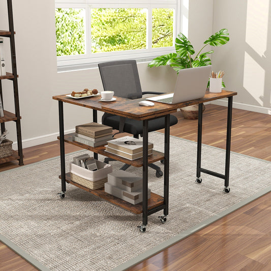 360° Rotating Side Table, 2-Tier Storage Shelves, Rustic Brown L-Shaped Desks Rustic Brown at Gallery Canada