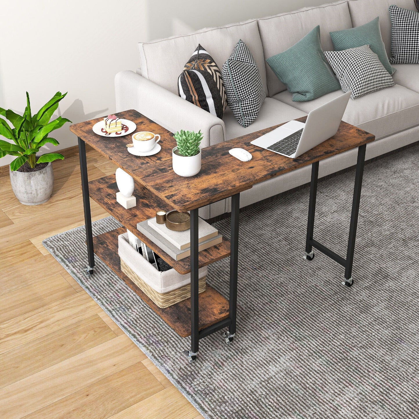360° Rotating Sofa Side Table with 2-Tier Storage Shelves, Rustic Brown L-Shaped Desks at Gallery Canada
