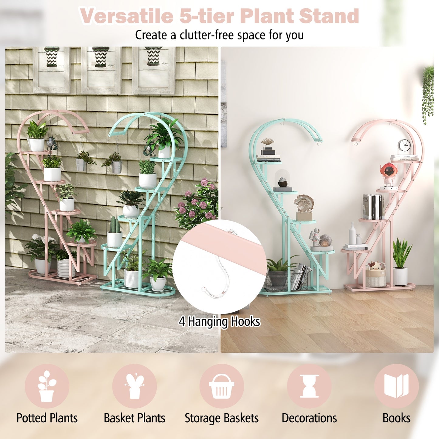5 Tier Metal Plant Stand With Hanging Hook, Blue, Pink Plant Stands at Gallery Canada