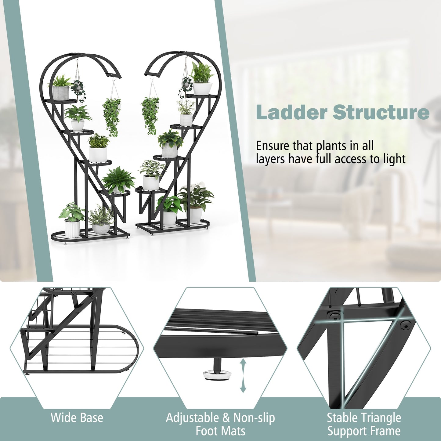 5 Tier Metal Plant Stand With Hanging Hook, Black Plant Stands at Gallery Canada