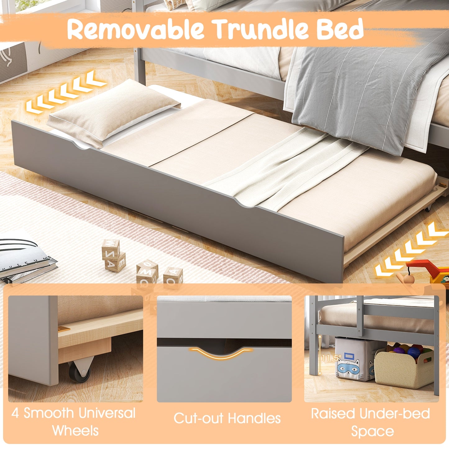 Wood Bunk Bed with Guard Rail, Storage Stairs, Gray Bunk Bed Frame at Gallery Canada