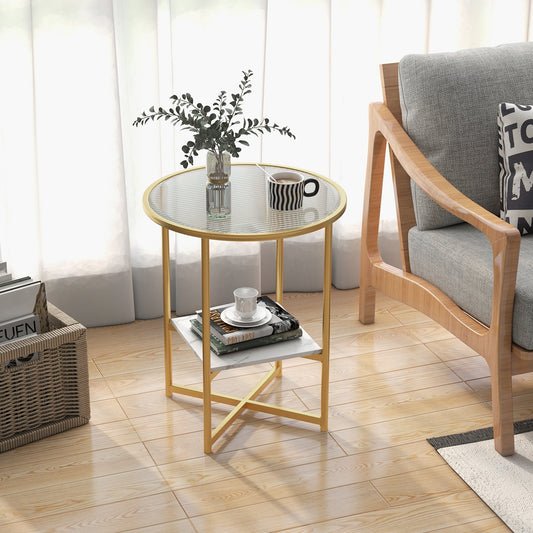 2-Tier Glass End Table Set, Faux Marble Storage Shelf, White End & Side Tables White at Gallery Canada