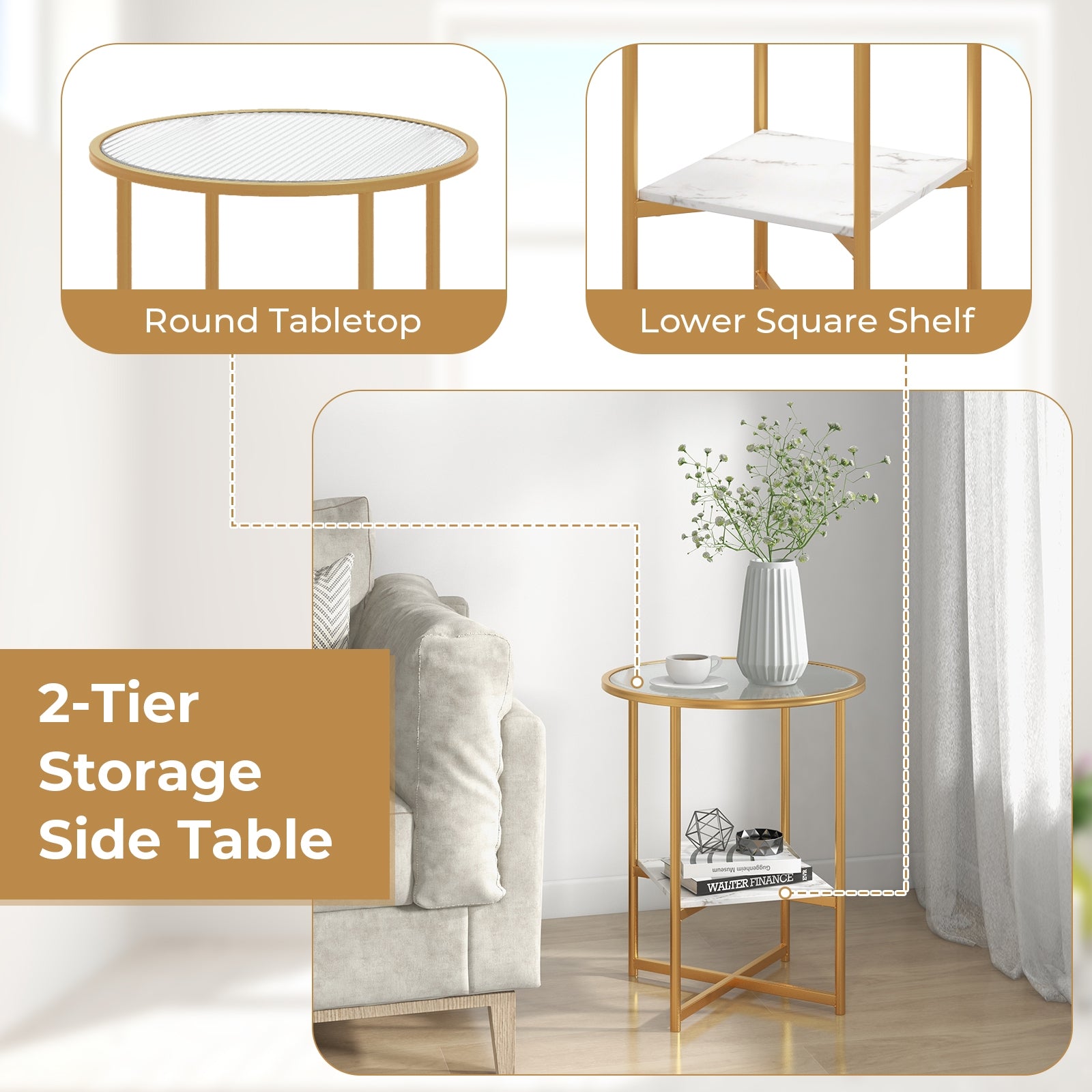2-Tier Glass End Table Set of 2 with Faux Marble Storage Shelf - Gallery Canada