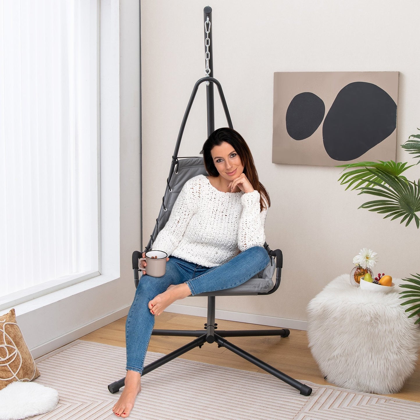 Hanging Chair with Stand and Extra Large Padded Seat, Gray