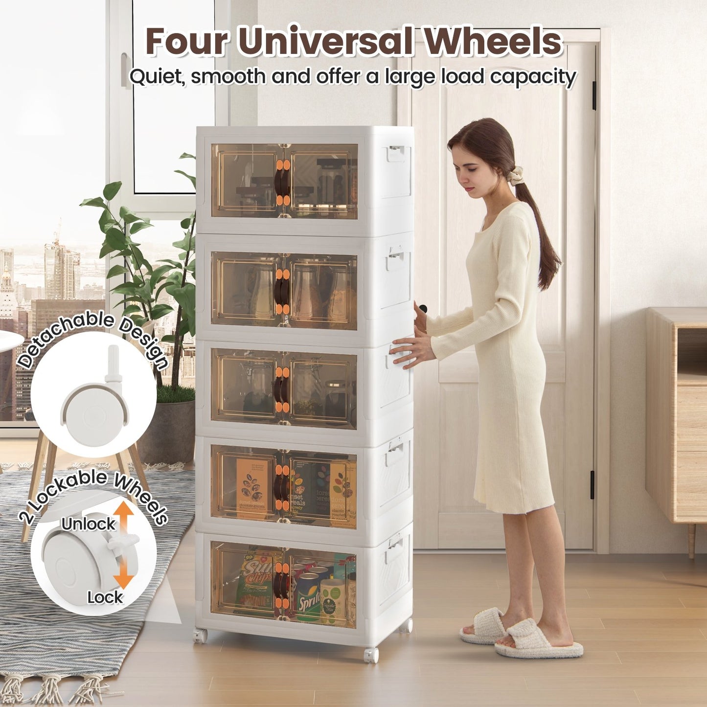 Stackable Storage Bins with Lockable Wheels-5 Pack, White