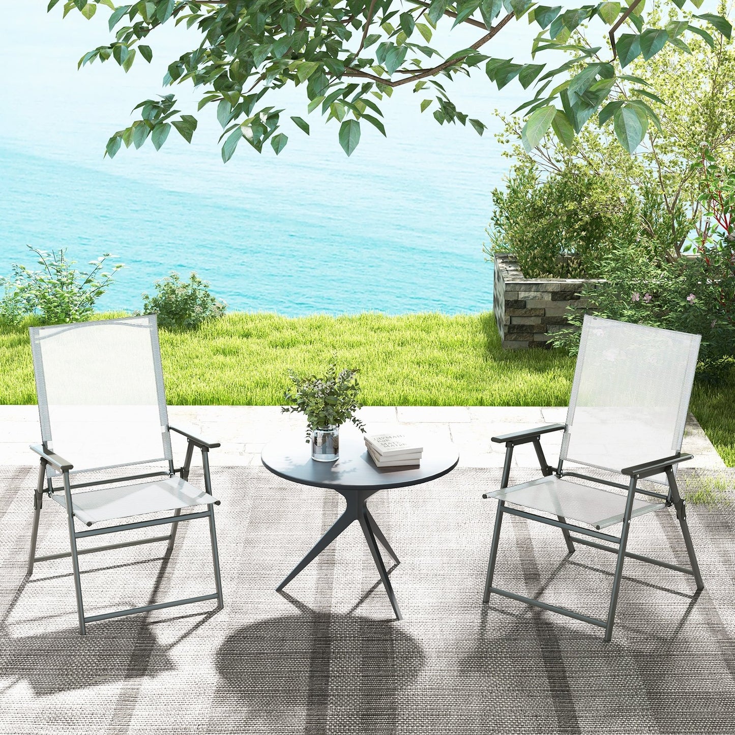 Set of 4 Patio Folding Chair Set with Rustproof Metal Frame, White