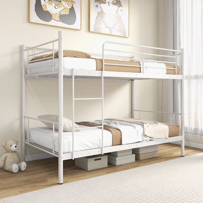 Metal Bunk Bed with Ladder and Full-length Guardrails, White