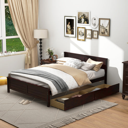 Full Size Bed Frame With Storage Drawers, Solid Wood Headboard, Espresso