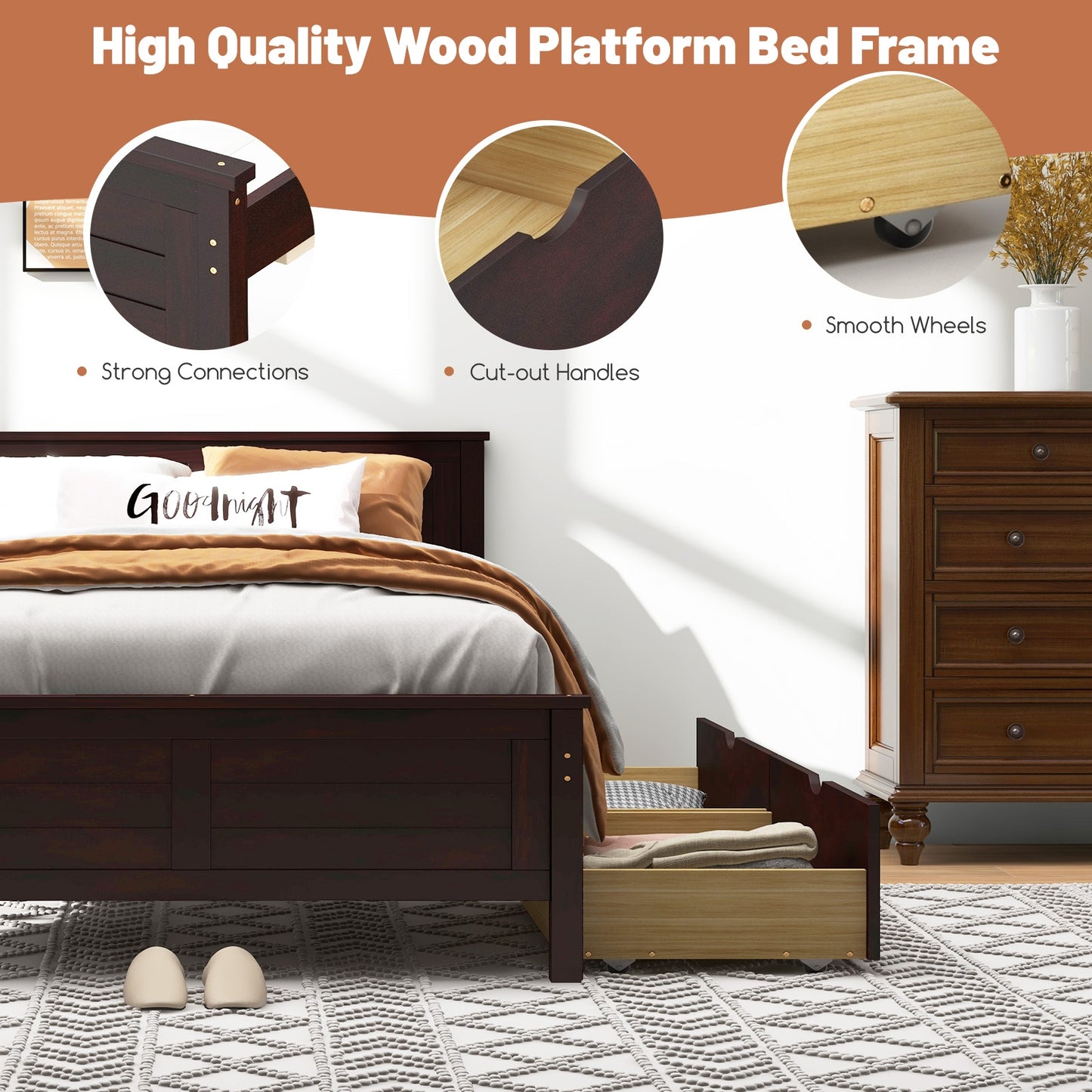 Full Size Bed Frame With Storage Drawers, Solid Wood Headboard, Espresso Simple Bed Frame at Gallery Canada