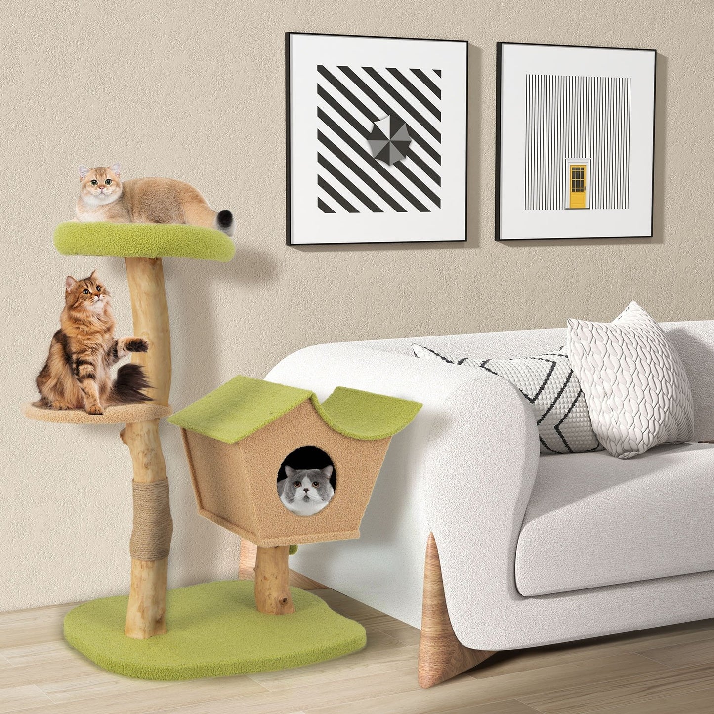 43 Inch Wooden Cat Tree with Padded Top Perch, Green