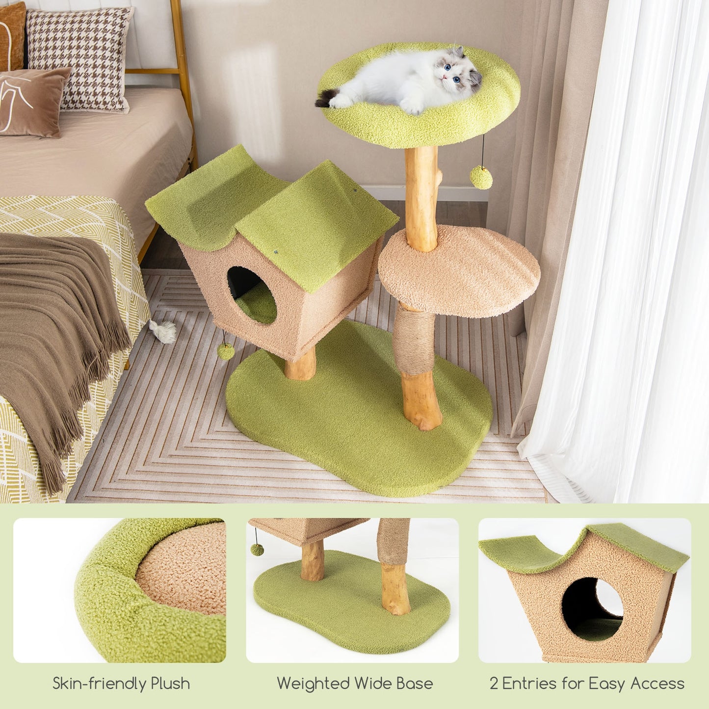 43 Inch Wooden Cat Tree, Padded Top Perch, Green Cat Trees Condos & Scratchers at Gallery Canada