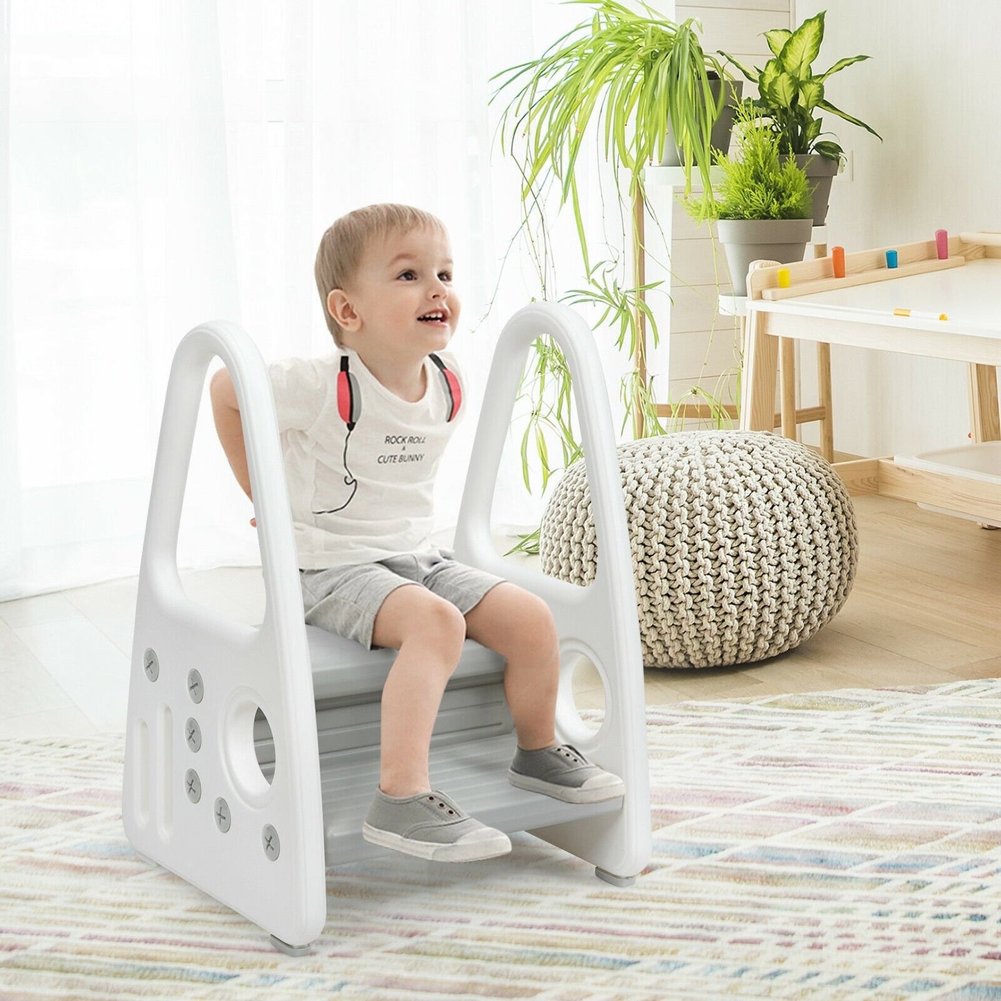 Kids Step Stool Learning Helper with Armrest for Kitchen Toilet Potty Training, Gray