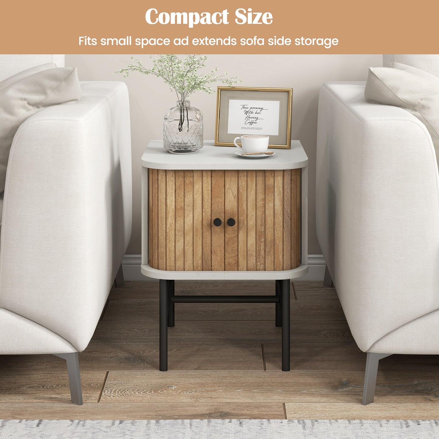 Mid-Century Modern Nightstand With Sliding Doors, Storage Cabinet, White Nightstands at Gallery Canada