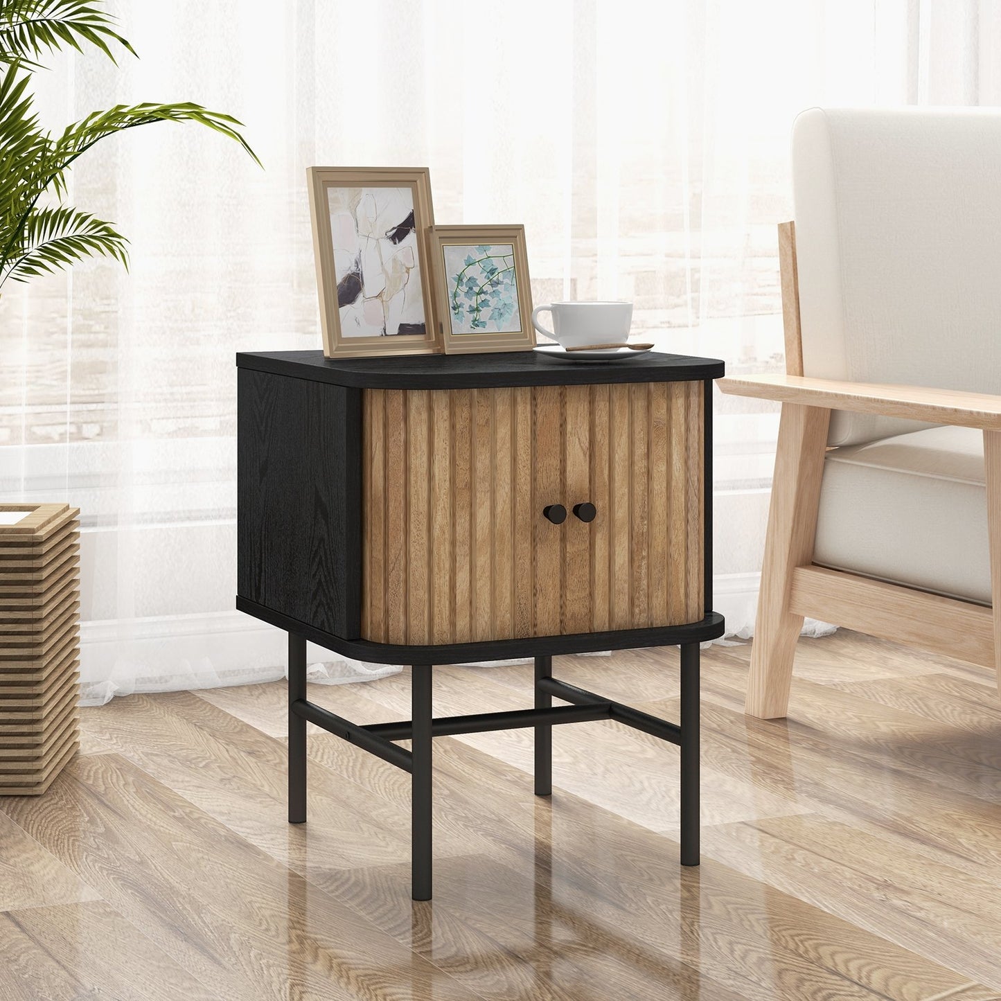 Mid-century Modern Nightstand with Sliding Doors and Storage Cabinet, Black
