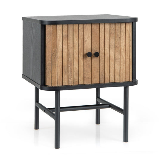 Mid-century Modern Nightstand with Sliding Doors and Storage Cabinet, Black