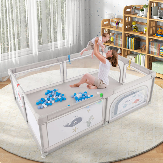 Large Baby Playpen With Pull Rings, Ocean Balls, Whale Pattern, Gray