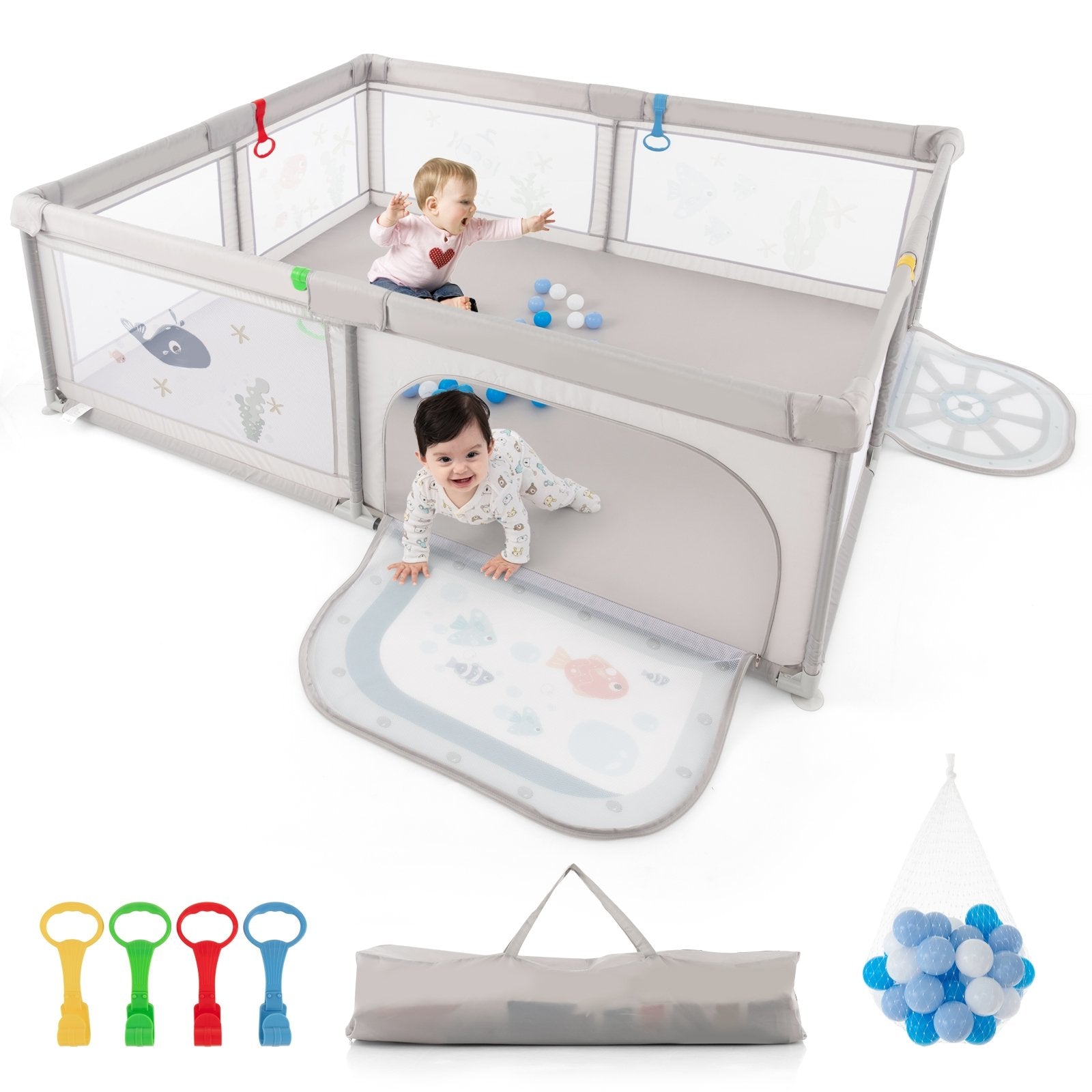 Large Baby Playpen with Pull Rings Ocean Balls and Cute Pattern-Whale, Gray at Gallery Canada