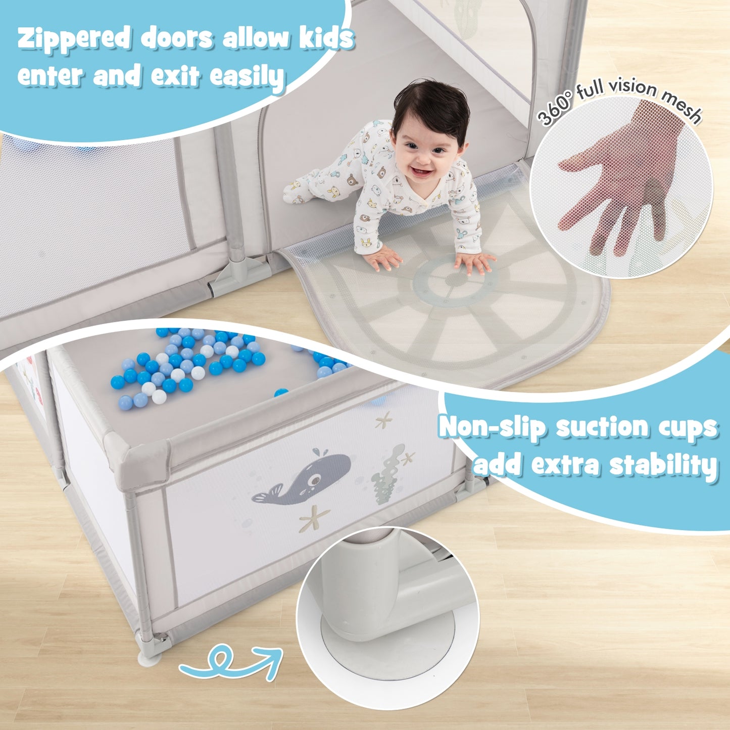 Large Baby Playpen With Pull Rings, Ocean Balls, Whale Pattern, Gray Baby Playpen & Playards at Gallery Canada