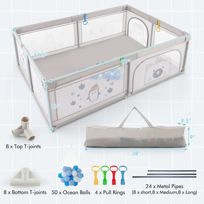 Large Baby Playpen with Pull Rings Ocean Balls and Cute Pattern-Penguin, Gray