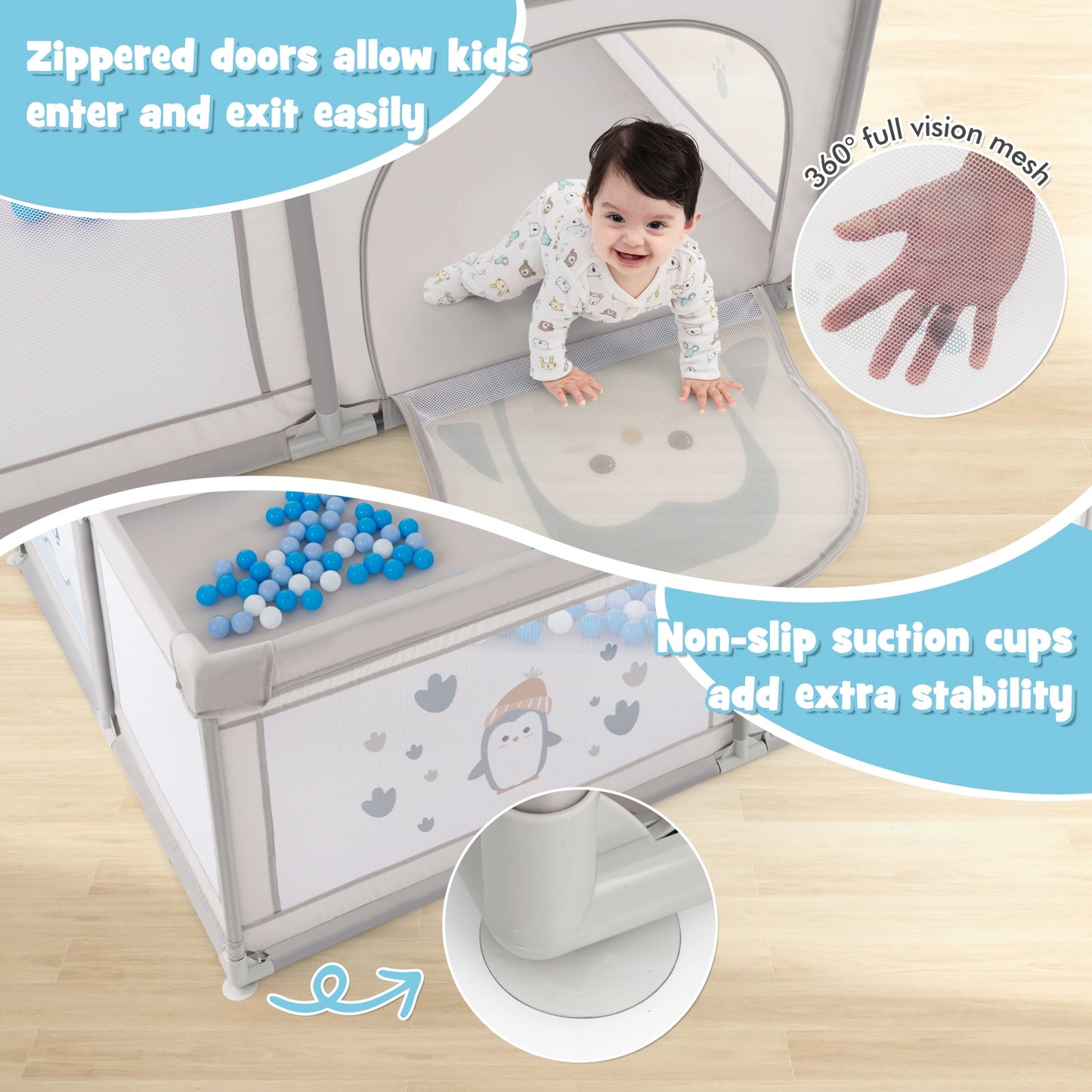 Large Baby Playpen with Pull Rings Ocean Balls and Cute Pattern-Penguin, Gray Baby Playpen & Playards at Gallery Canada