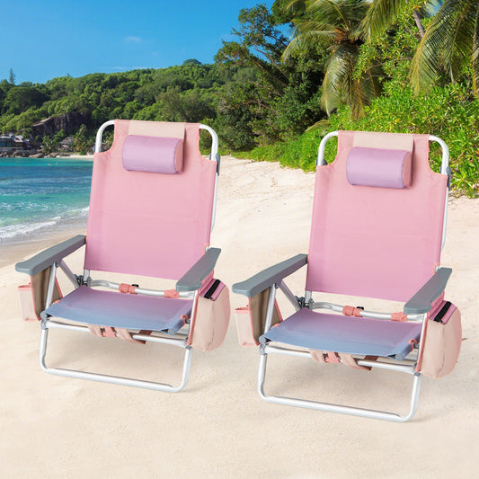 Folding Backpack Beach Chair With Pillow, Pink