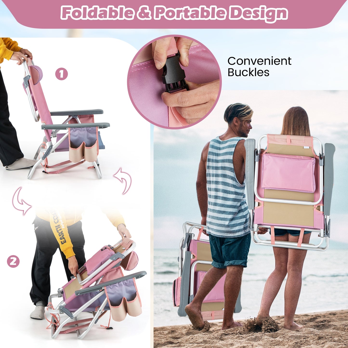 2 Pieces Folding Backpack Beach Chair with Pillow, Pink Beach & Lawn Chairs at Gallery Canada