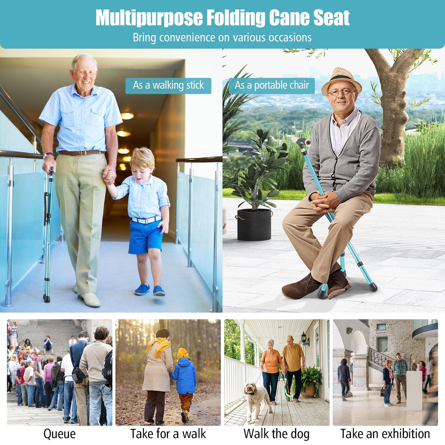Lightweight Adjustable Folding Cane Seat, Blue Walkers & Rollators at Gallery Canada