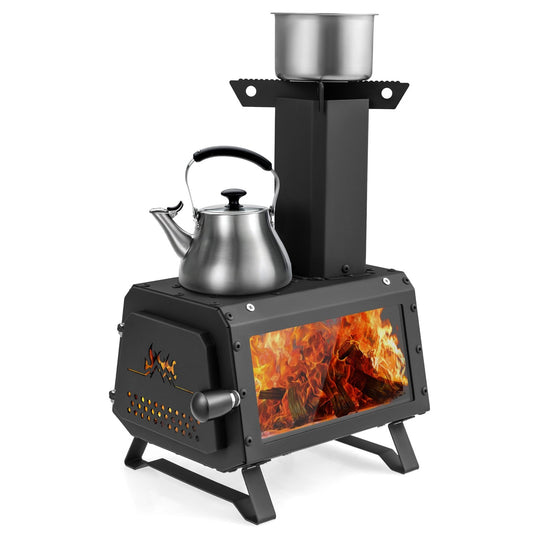 Portable Wood Camping Burning Stove Heater with 2 Cooking Positions, Black